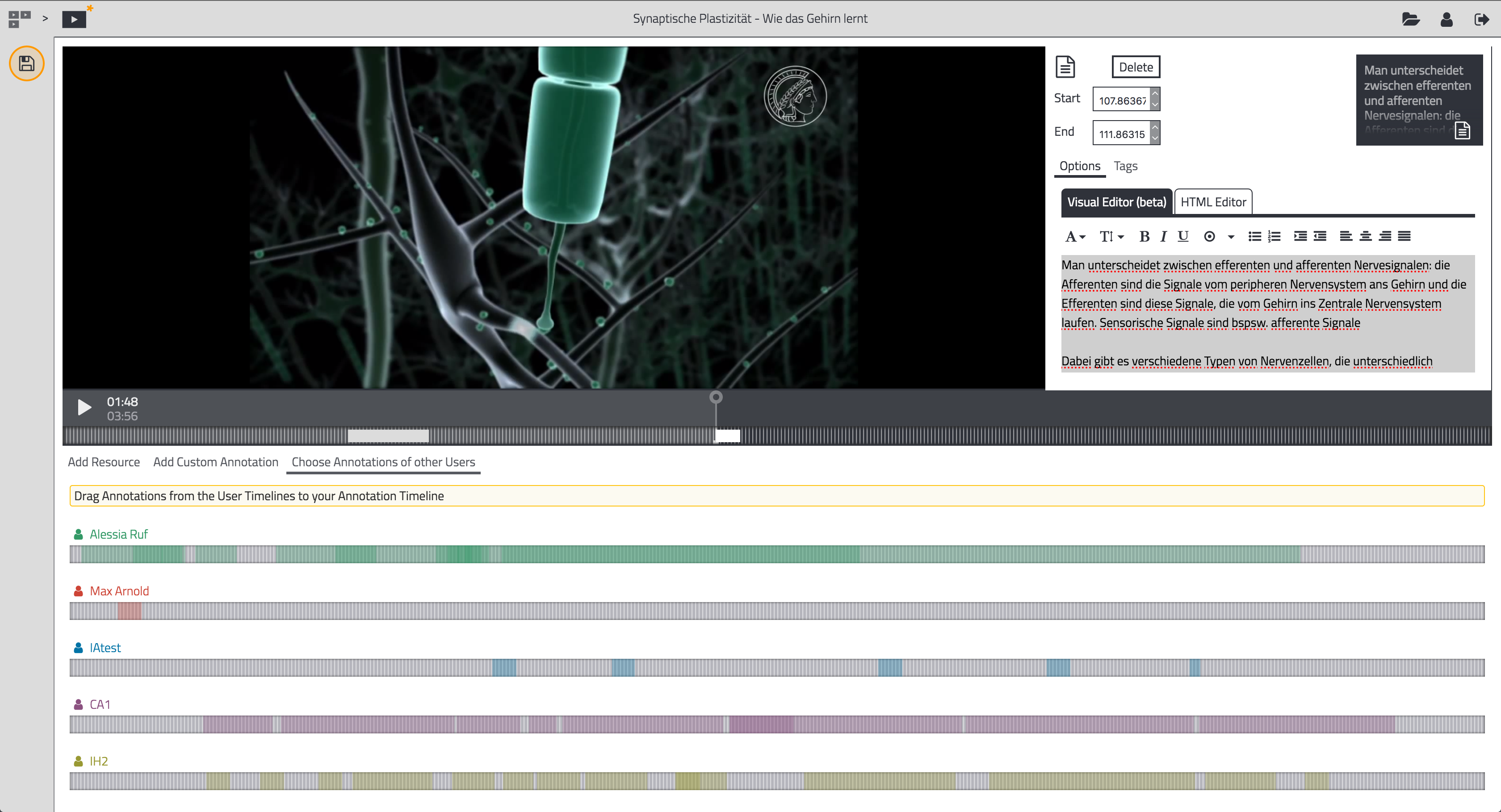 FrameTrail: collaborative annotation with multi-user timelines and sequence editor (Synaptic Plasticity lesson).