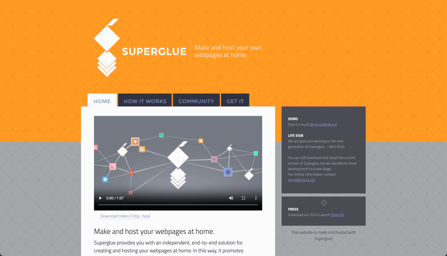 Superglue website with homepage video and navigation