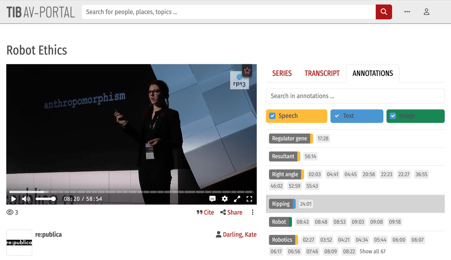 TIB AV-Portal: video page with player and annotations sidebar